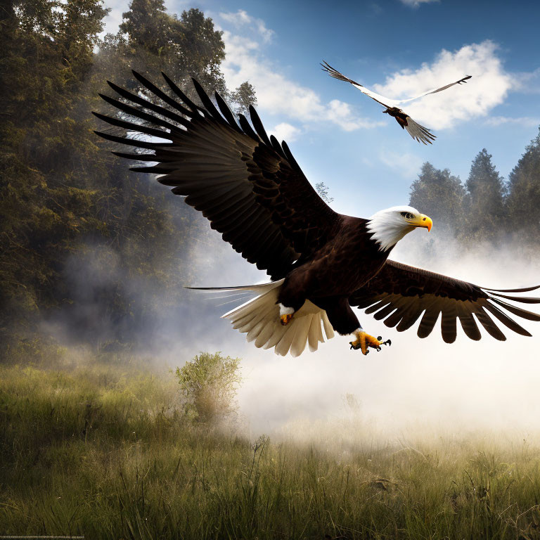 Misty field with soaring eagle and cloudy sky scene