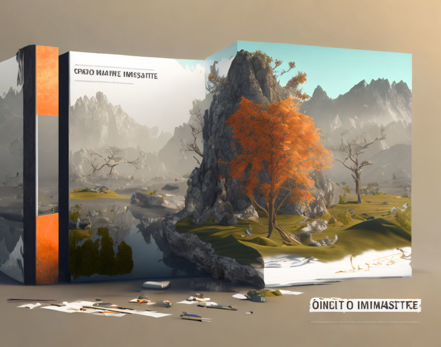 Vibrant 3D book concept: orange tree on island with mountain landscape & painting tools