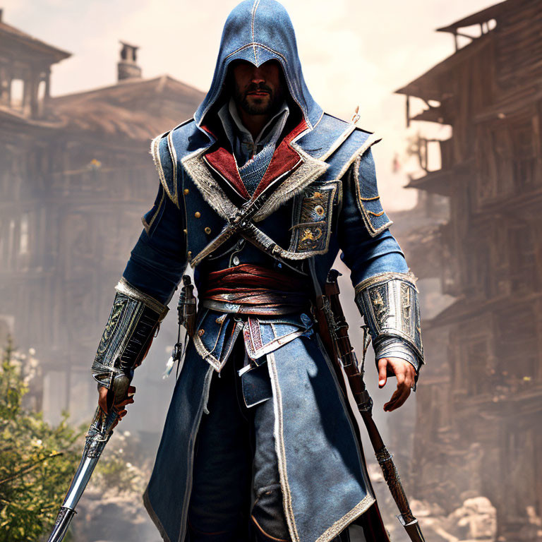 Character in Blue and White Assassin's Robe with Hidden Blade in Old City Setting