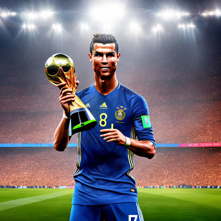 Digital artwork: Soccer player in blue kit with trophy in stadium backdrop