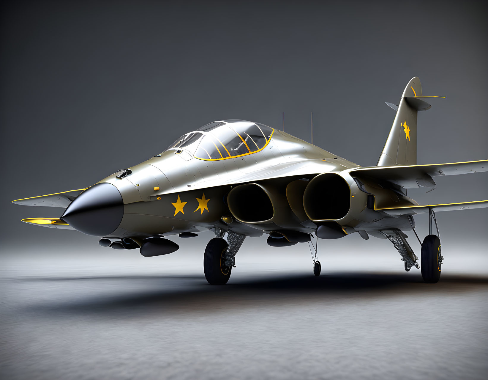 Modern fighter jet 3D rendering with twin engines and yellow star decals