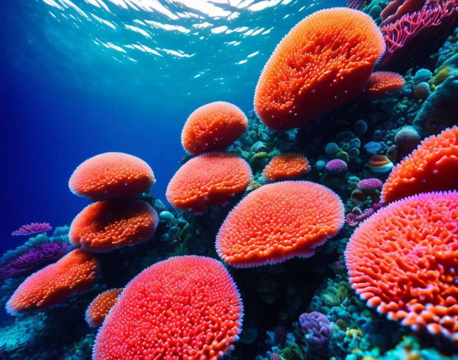 Colorful Orange Corals in Clear Blue Water