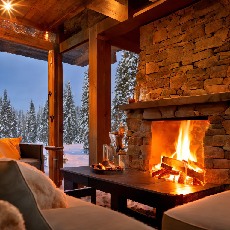 Inviting cabin interior: fireplace, seating, snowy forest view