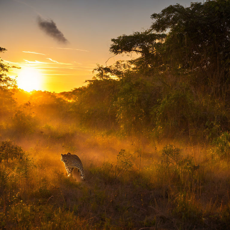 Leopard in Dusty Savanna at Sunset: Golden Hour Glow