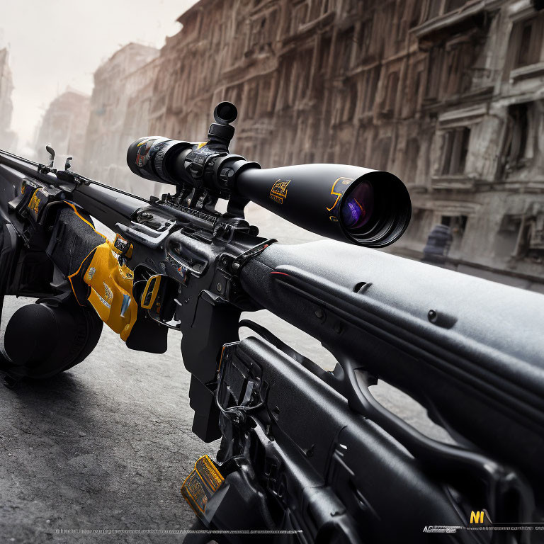 High-powered sniper rifle with scope on urban background, featuring orange markings.