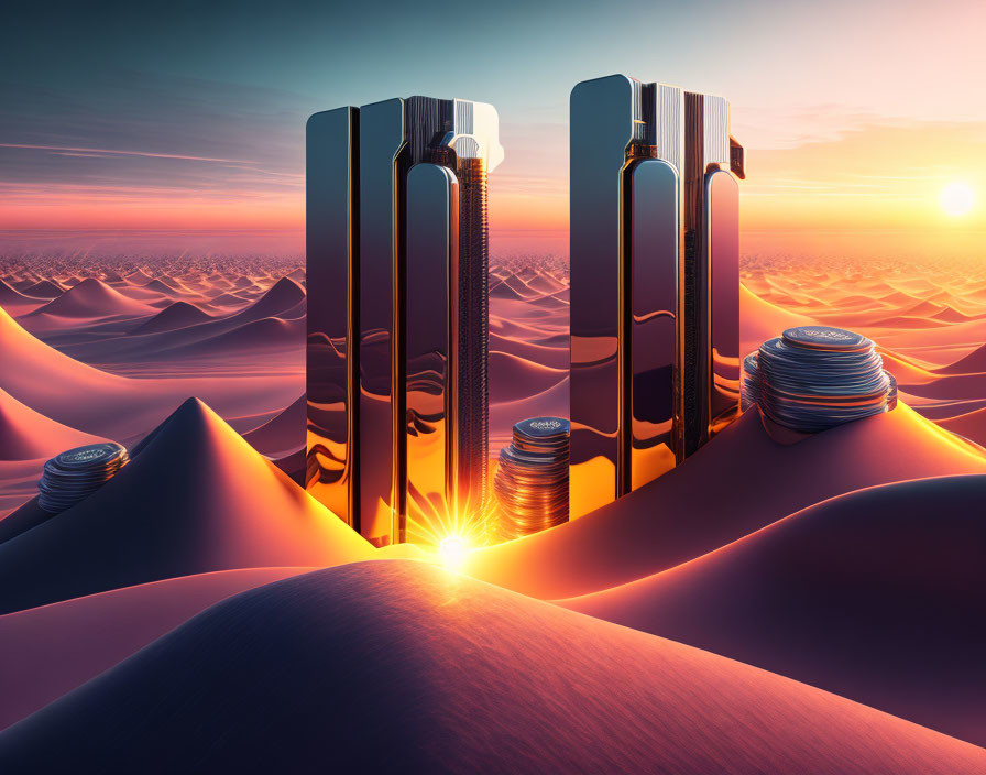 Surreal landscape with metallic triple-bar symbols in desert sunset.