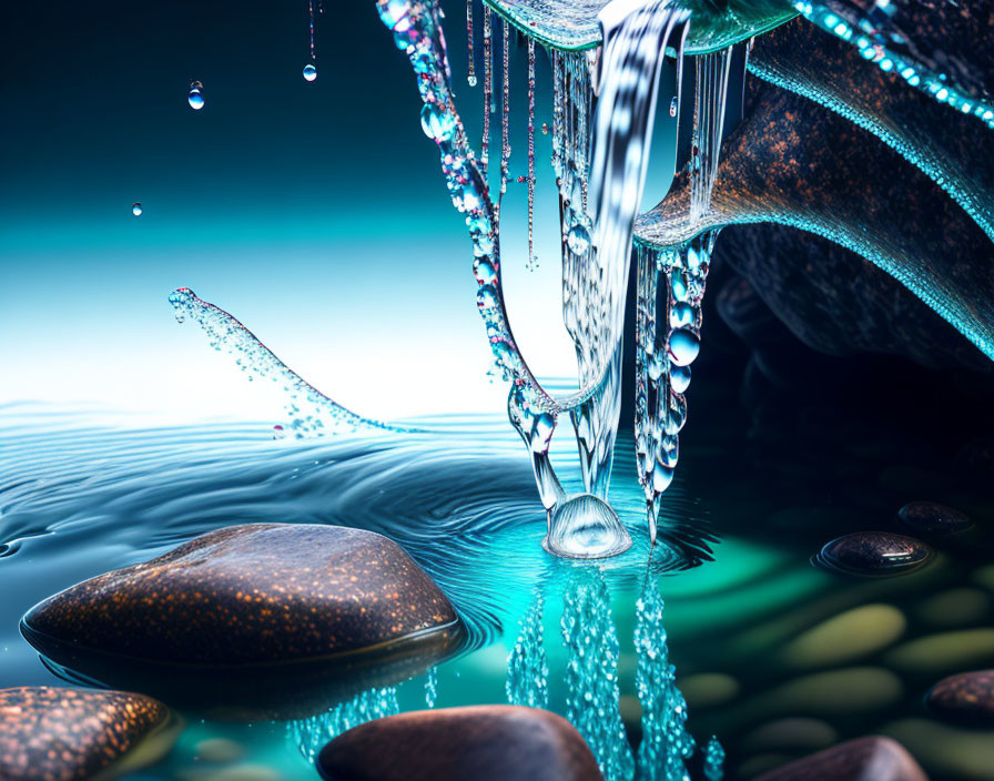 Digital art: Water droplets, streams, smooth stones in vibrant teal & turquoise palette