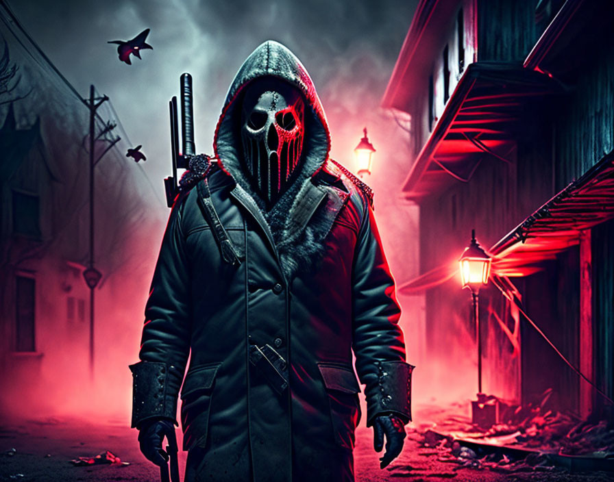 Hooded figure with red skull mask in foggy alley with crow