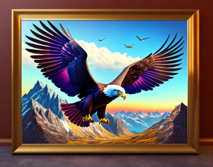 Digital image of majestic eagle flying against mountain backdrop on wall