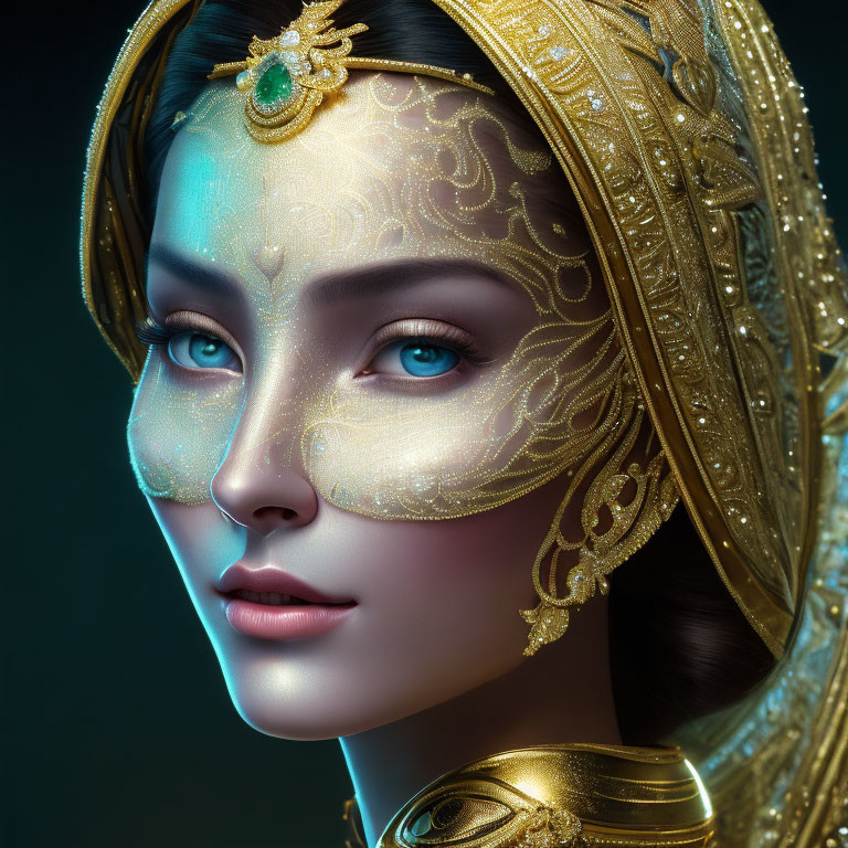 Woman Portrait with Gold Headdress and Jeweled Forehead Piece