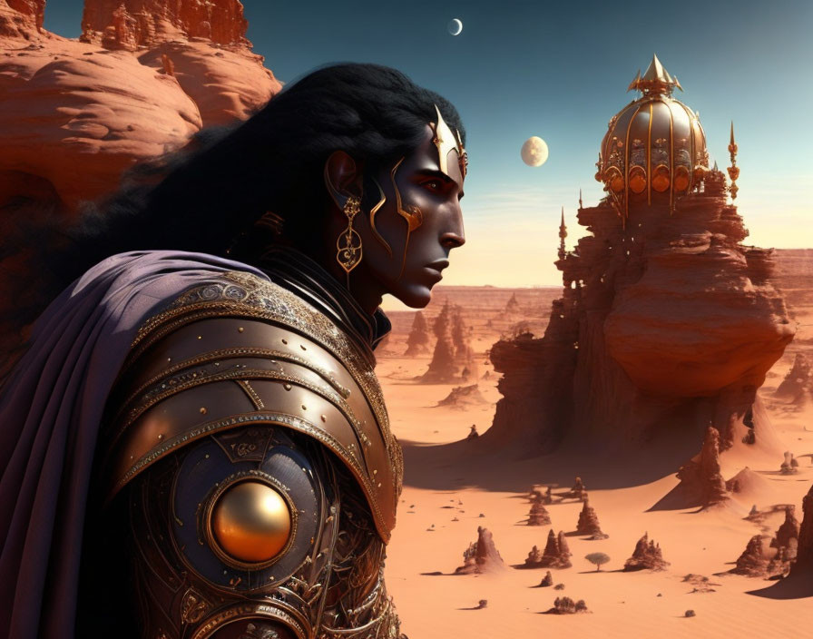 Armored figure with dark skin in fantasy desert landscape