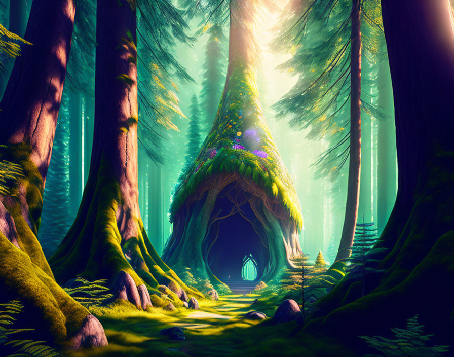 Mystical glowing tree hollow in enchanted forest scene