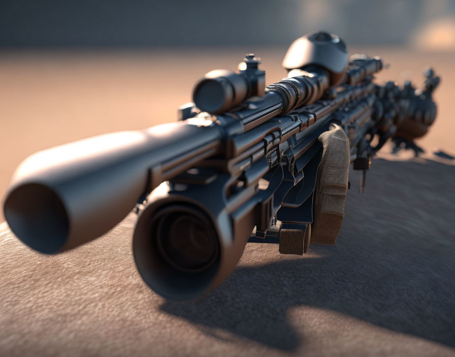 Detailed Close-Up of Sniper Rifle with Scope and Bipod on Sandy Surface at Dusk