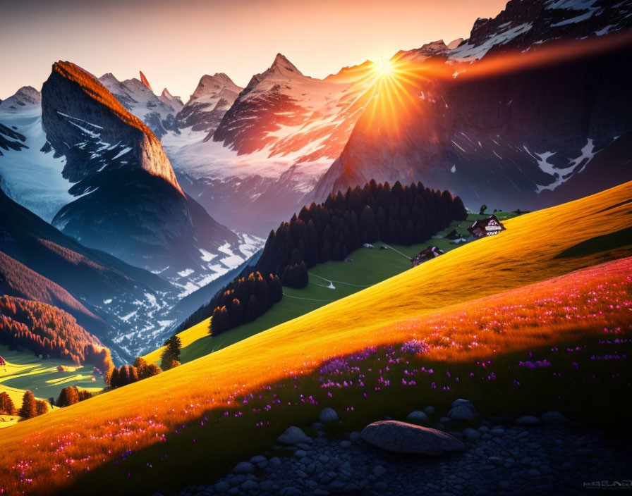 Sunset over Snow-Capped Mountains and Purple Flowers