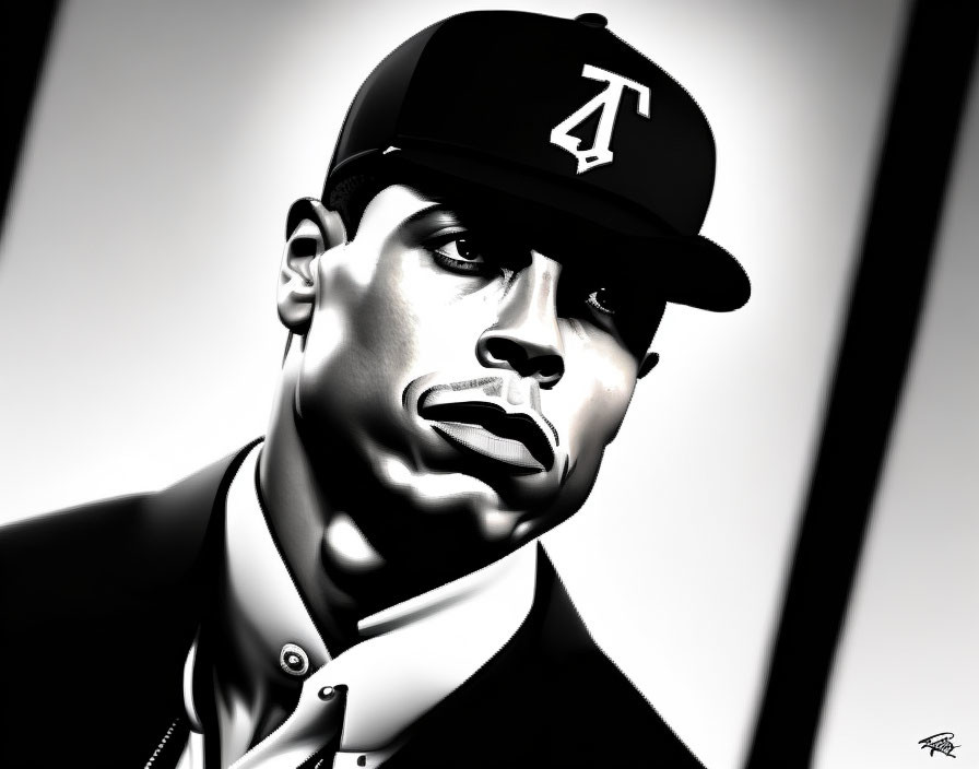 Monochrome digital portrait of a man in a cap with "T" logo, gazing pensively