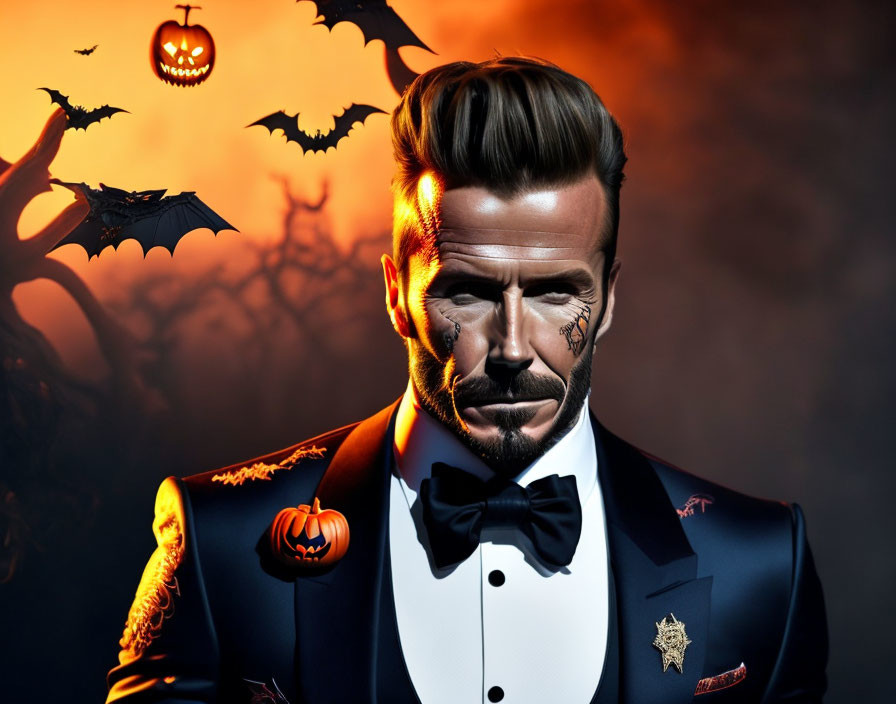 Man with spider web tattoo in tuxedo in Halloween setting