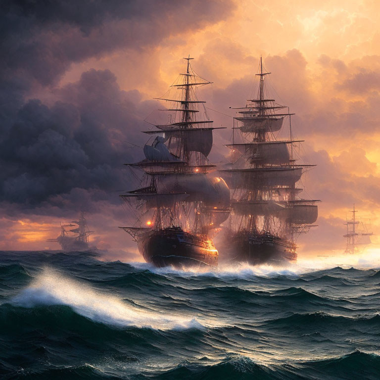 Tall ships with illuminated windows in stormy seas at sunset