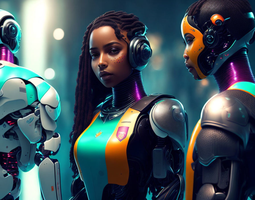 Woman with braided hair between two humanoid robots under blue light