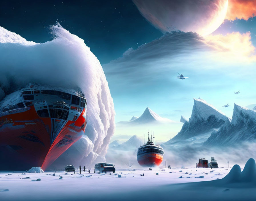 Futuristic spaceships on snowy planet with mountains and celestial body