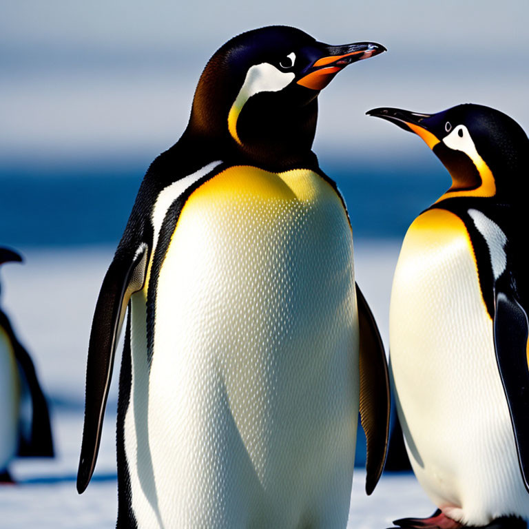 Emperor penguins on ice with blue sky