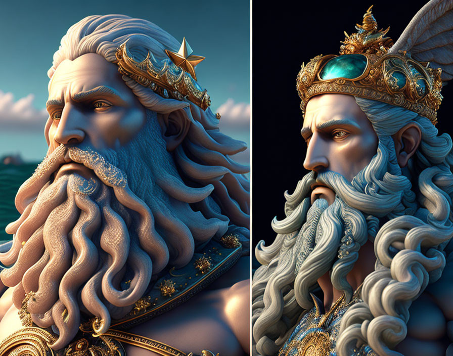 3D illustrated male character with regal beard in gold crown and armor, against twilight sky