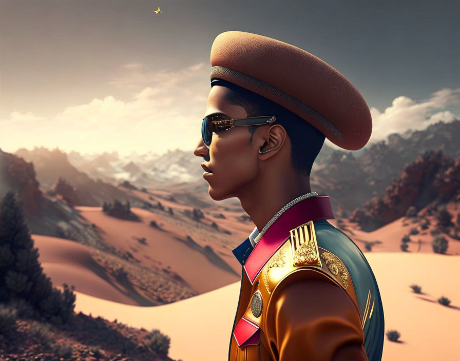 Colorful Military Outfit Figure Over Desert Landscape at Dusk