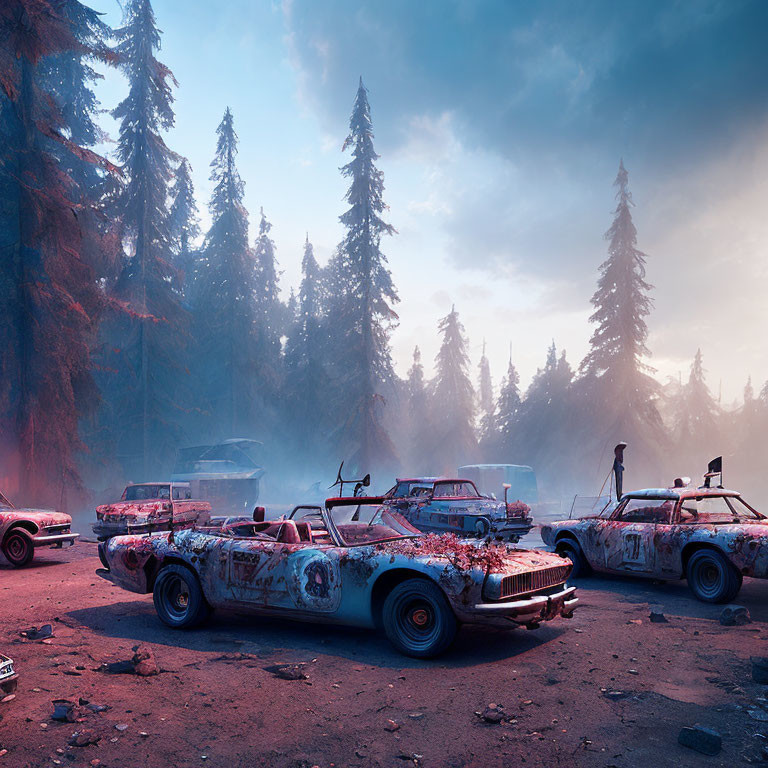 Abandoned cars in forest with figure under pinkish sky