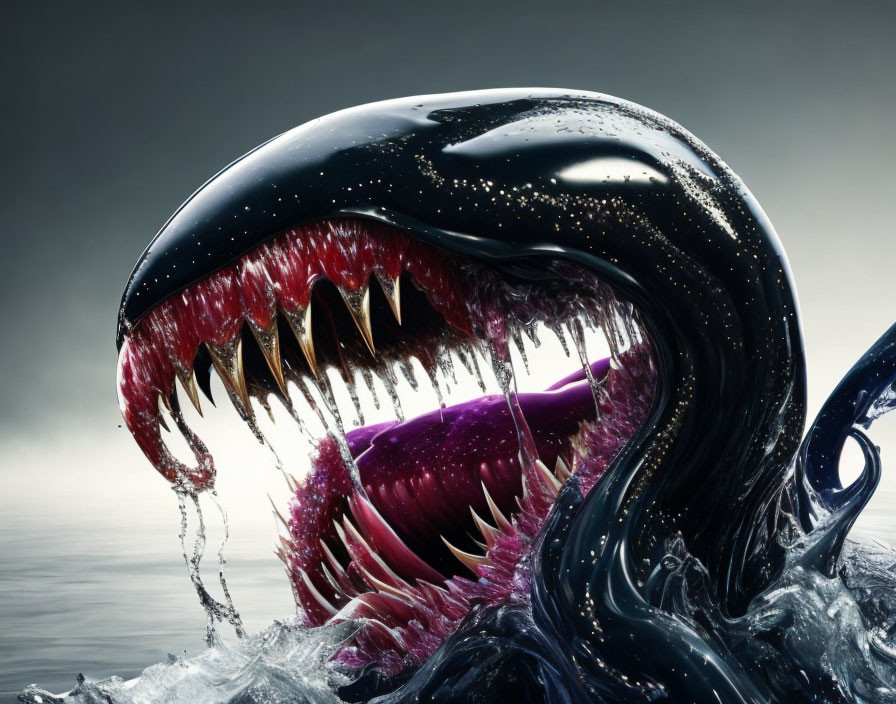 Detailed Venom character with sharp teeth and tongue in water splash scene