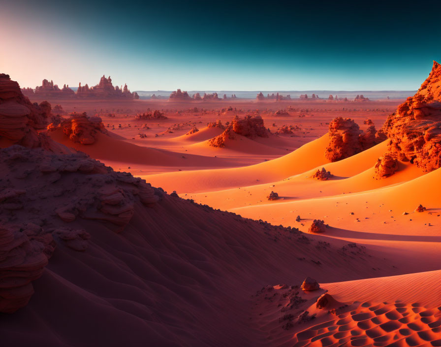 Vibrant desert landscape: orange sands, textured dunes, layered rock formations.