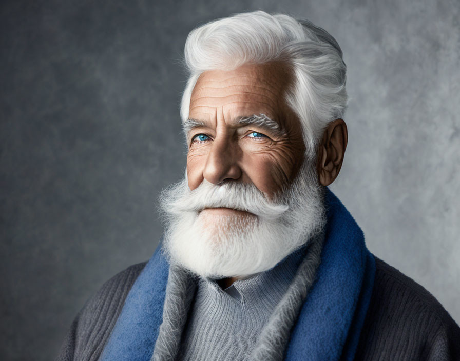 Elderly man with white beard and blue eyes in gray sweater and scarf