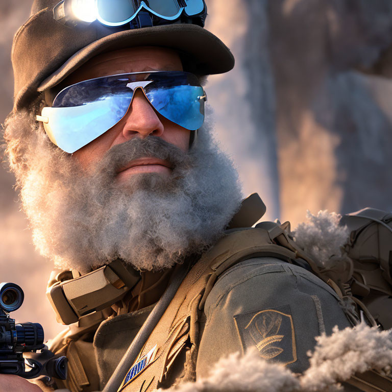 Confident bearded soldier in goggles with sniper rifle and tactical vest on rocky background