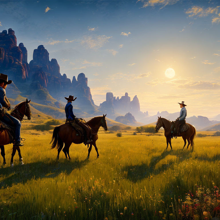 Cowboys on horseback enjoying scenic sunset in open field.