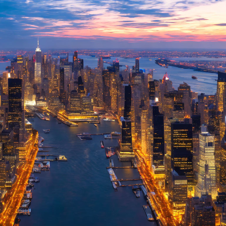 City skyline at dusk: Skyscrapers, waterfront, sunset sky