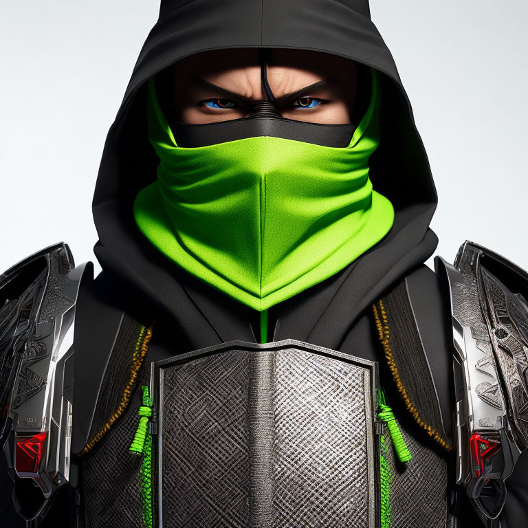 Hooded figure in black outfit with neon green mask and metallic armor