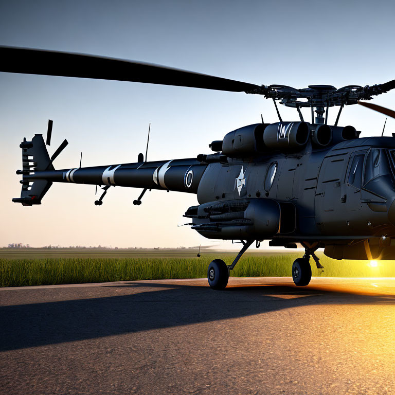 Military helicopter silhouette on runway at sunset with blades and weaponry.