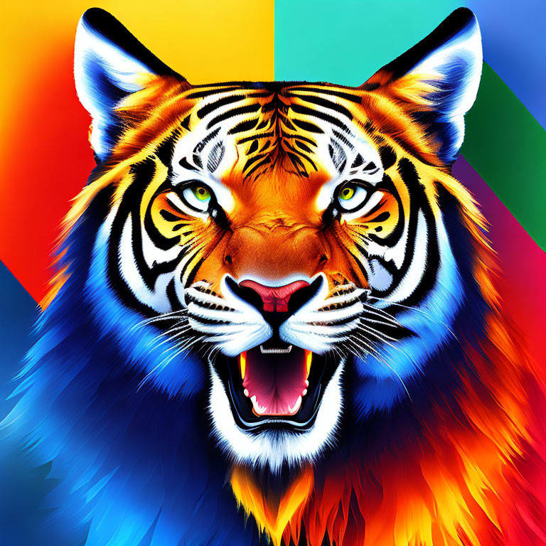 Colorful Tiger Face Art on Multicolored Background