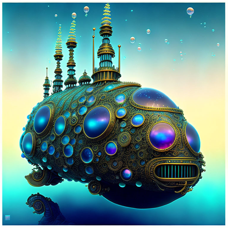 Ornate spires submarine in serene underwater scene