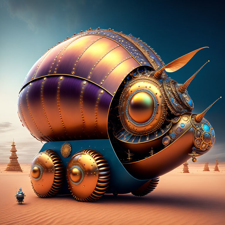 Steampunk-style snail robot in desert landscape with ornate metallic decorations.