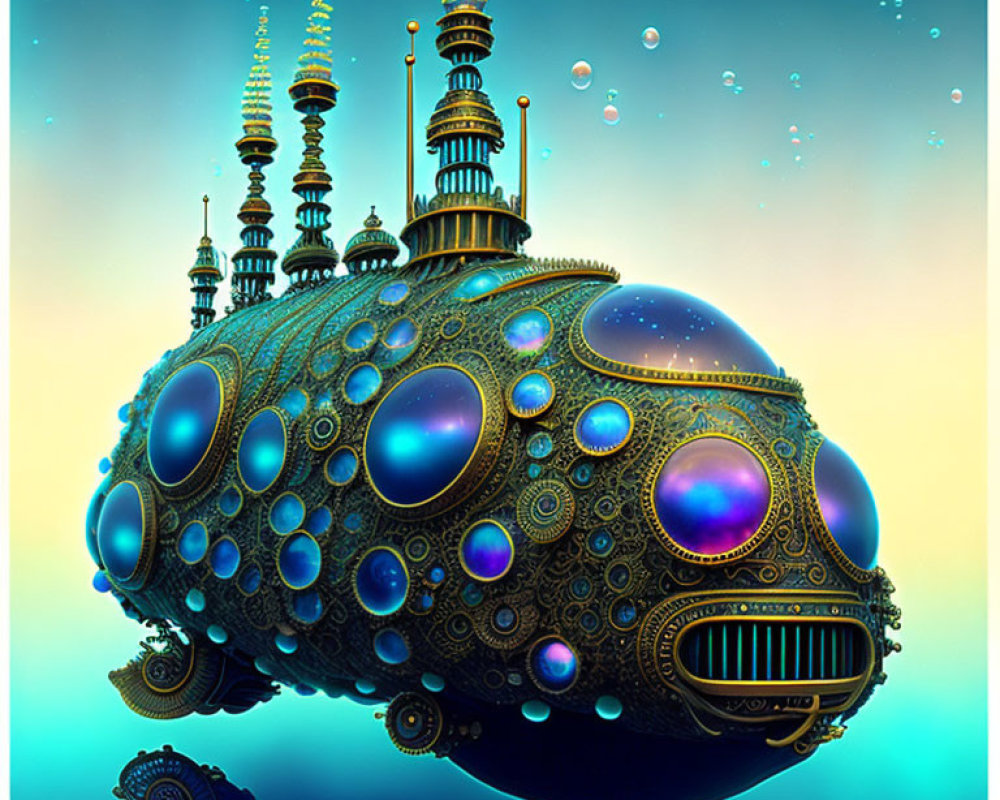 Ornate spires submarine in serene underwater scene