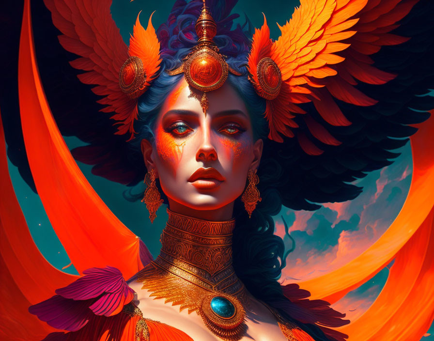 Female figure with golden jewelry, feathered headdress, and wings on fiery orange background