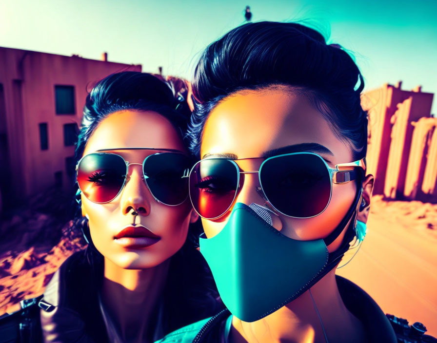 Stylized women in sunglasses and face mask against desert backdrop