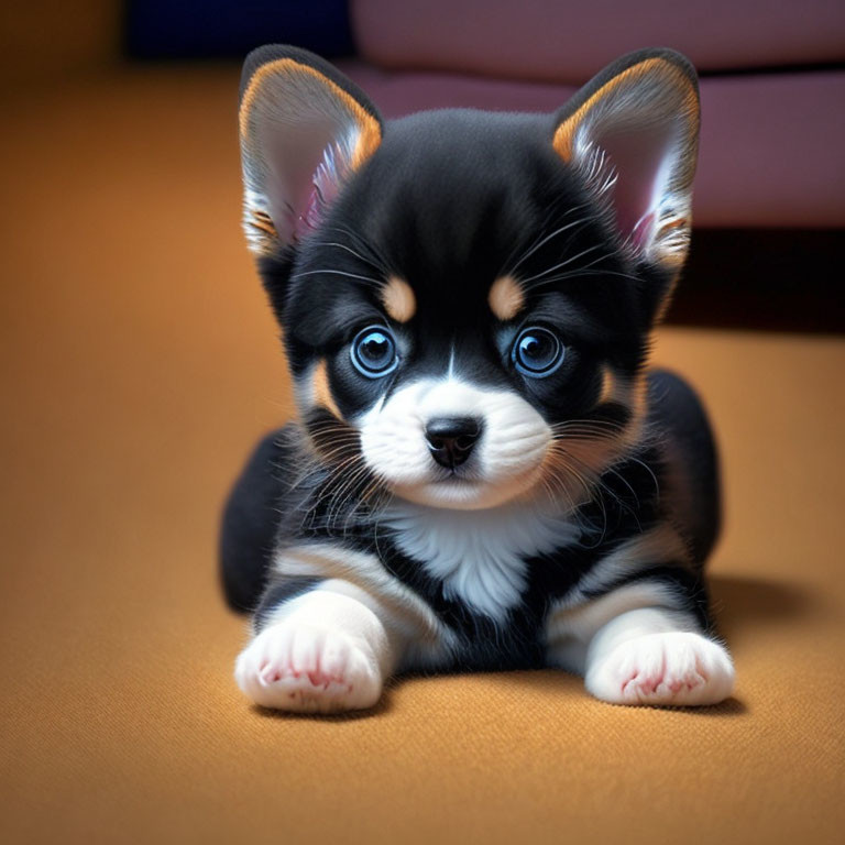 Tricolor Puppy with Large Ears and Expressive Eyes Sitting on Floor