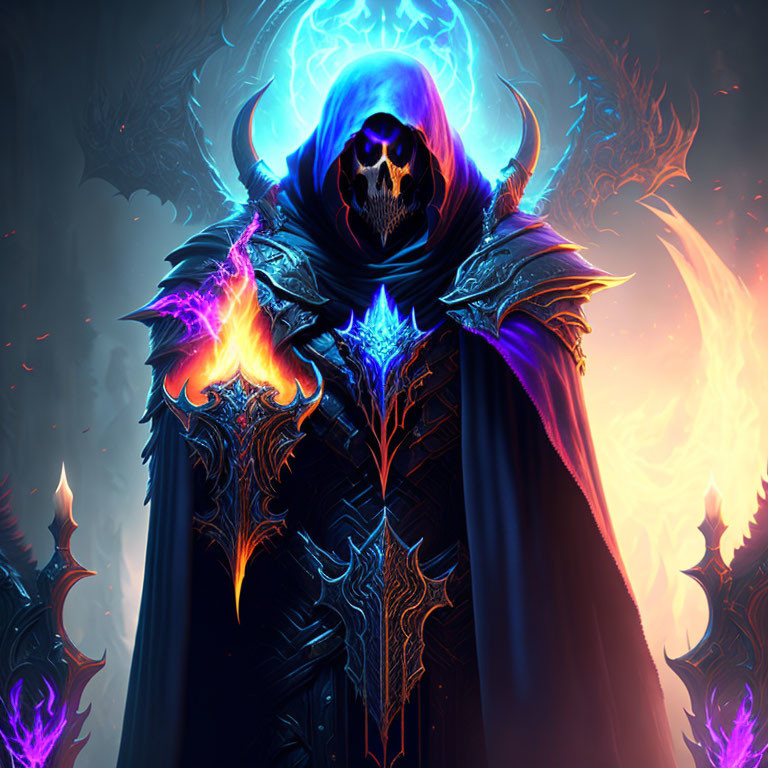 Fantasy artwork: Glowing skull in hooded figure with armor & magical flames