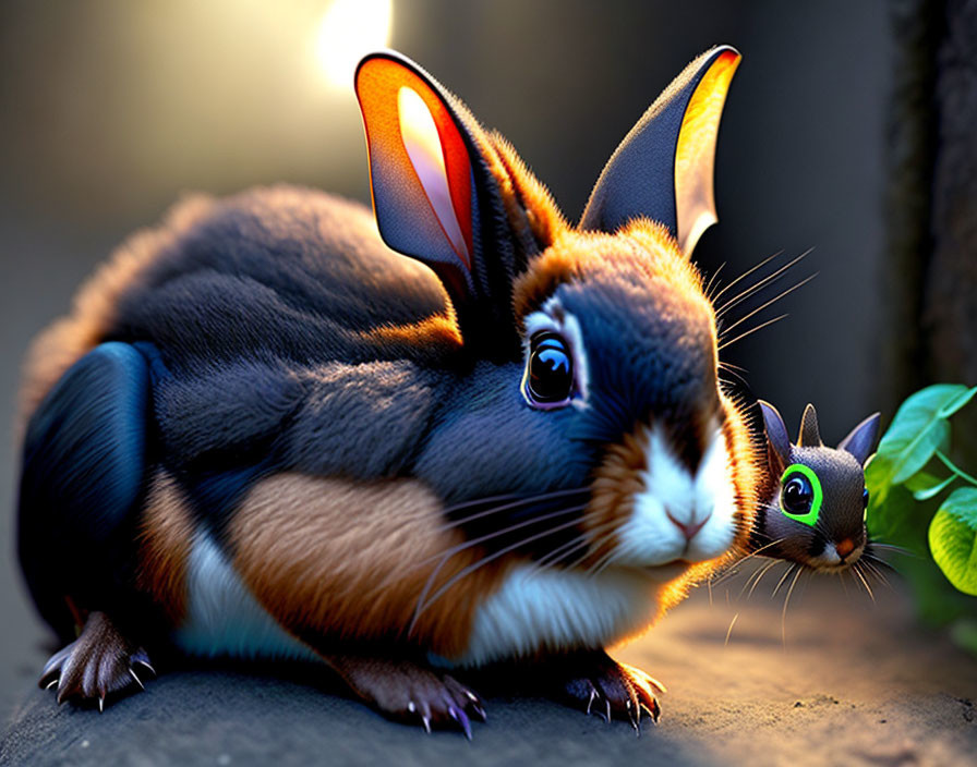 Colorful stylized rabbit with unique markings facing tiny green creature on blurry background