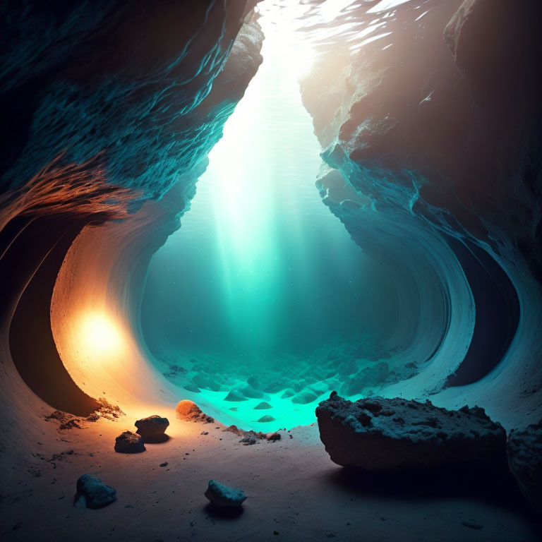 Sunlit Underwater Cave with Blue and Orange Tones