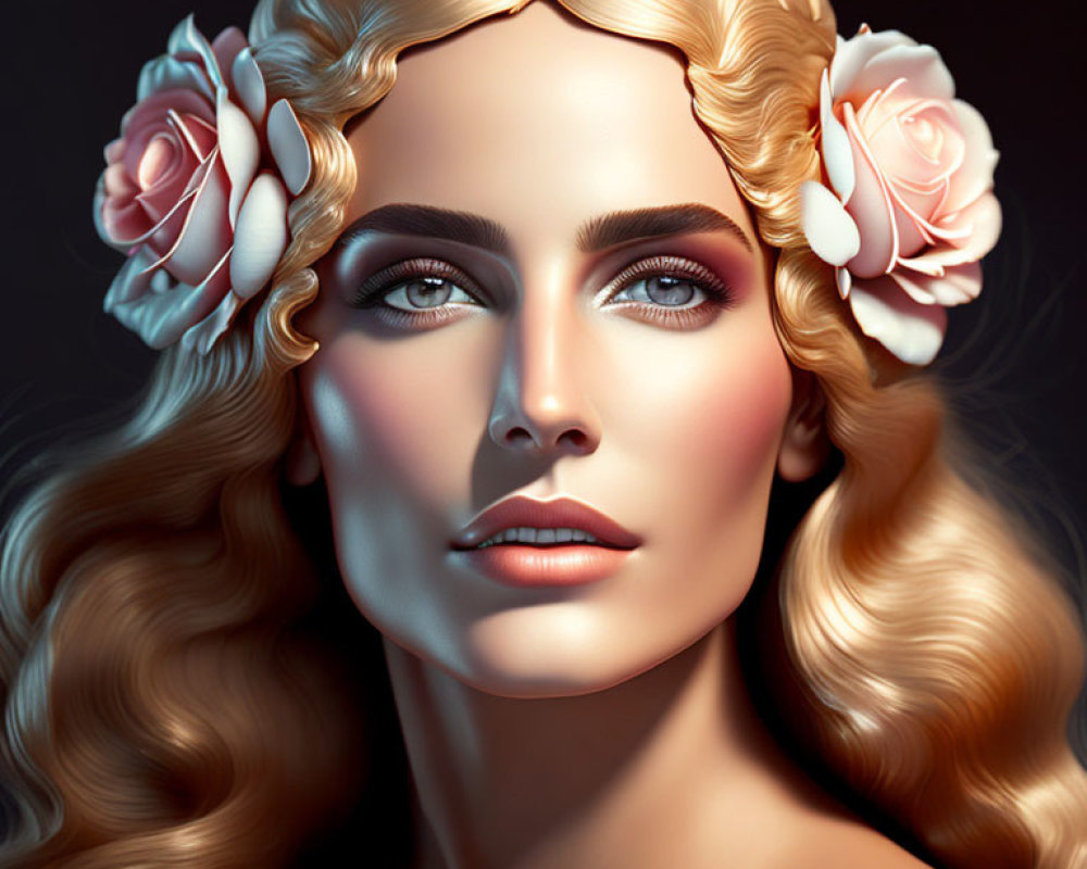 Detailed digital portrait of woman with wavy blonde hair and roses, serene expression.