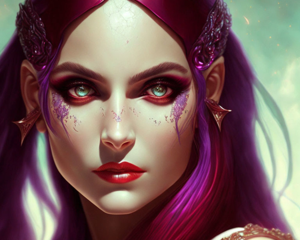 Fantasy digital art: Female character with purple hair, green eyes, elven ears, ornate