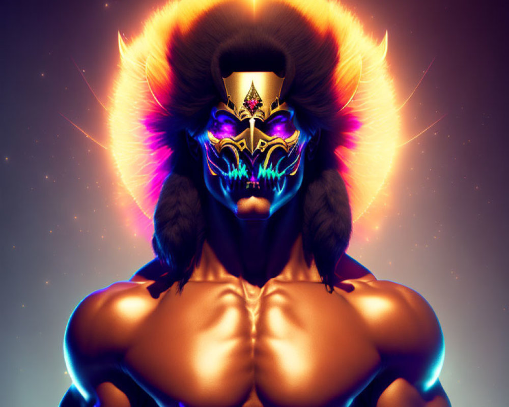 Muscular figure with glowing mask and radiant halo on dark background.