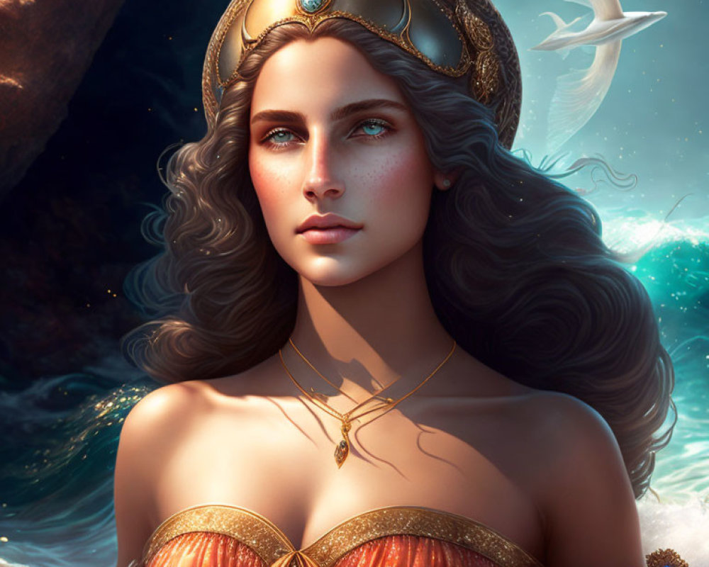 Woman with Wavy Hair and Golden Crown in Ocean Setting