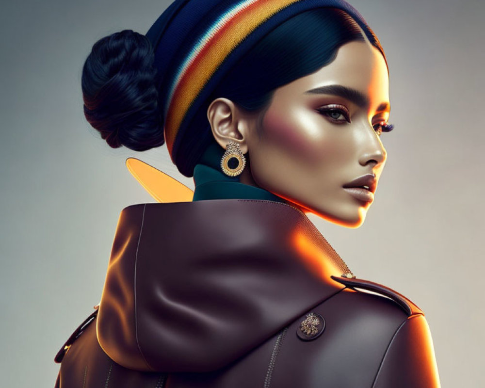 Colorful headband woman digital artwork with sleek makeup and leather jacket